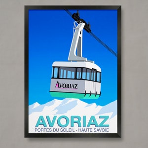 Cartel de la estación de esquí de Avoriaz: Impresión de viaje en teleférico vintage