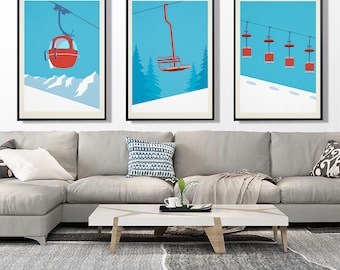 Set of 3 unframed minimalistic ski lift prints, Set of 3 unframed ski lift posters, Ski lift Posters,  Vintage ski lift prints, Ski Gifts