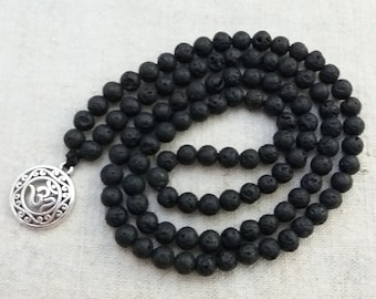 Black mala beads Lava mala necklace Prayer beads necklace Black necklace pendant