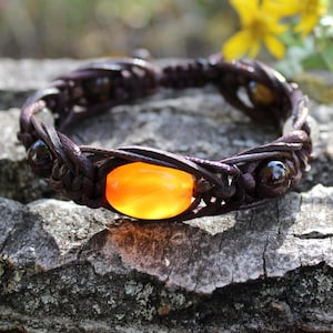 Mens Carnelian bracelet Braid leather bracelet Garnet Quartz Tigers Eye 10mm Protection stone bracelet
