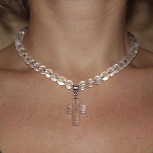 Clear Quartz necklace for women Beaded choker with pendant Stone cross necklace