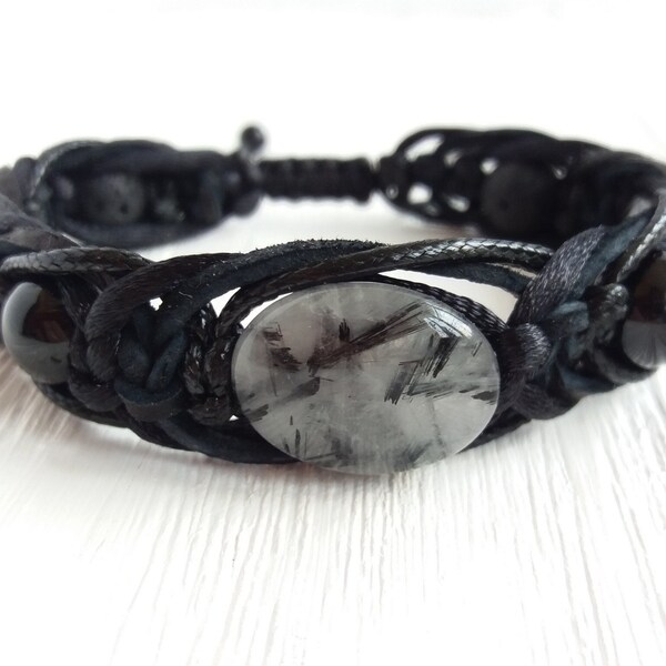 Black Tourmaline bracelet men Gemstone and leather cord bracelet Protection jewelry 10mm gemstones beads gift
