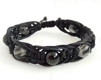 Black Tourmaline bracelet for protection Tourmaline quartz bracelet Leather bracelet with beads Braided bracelet men