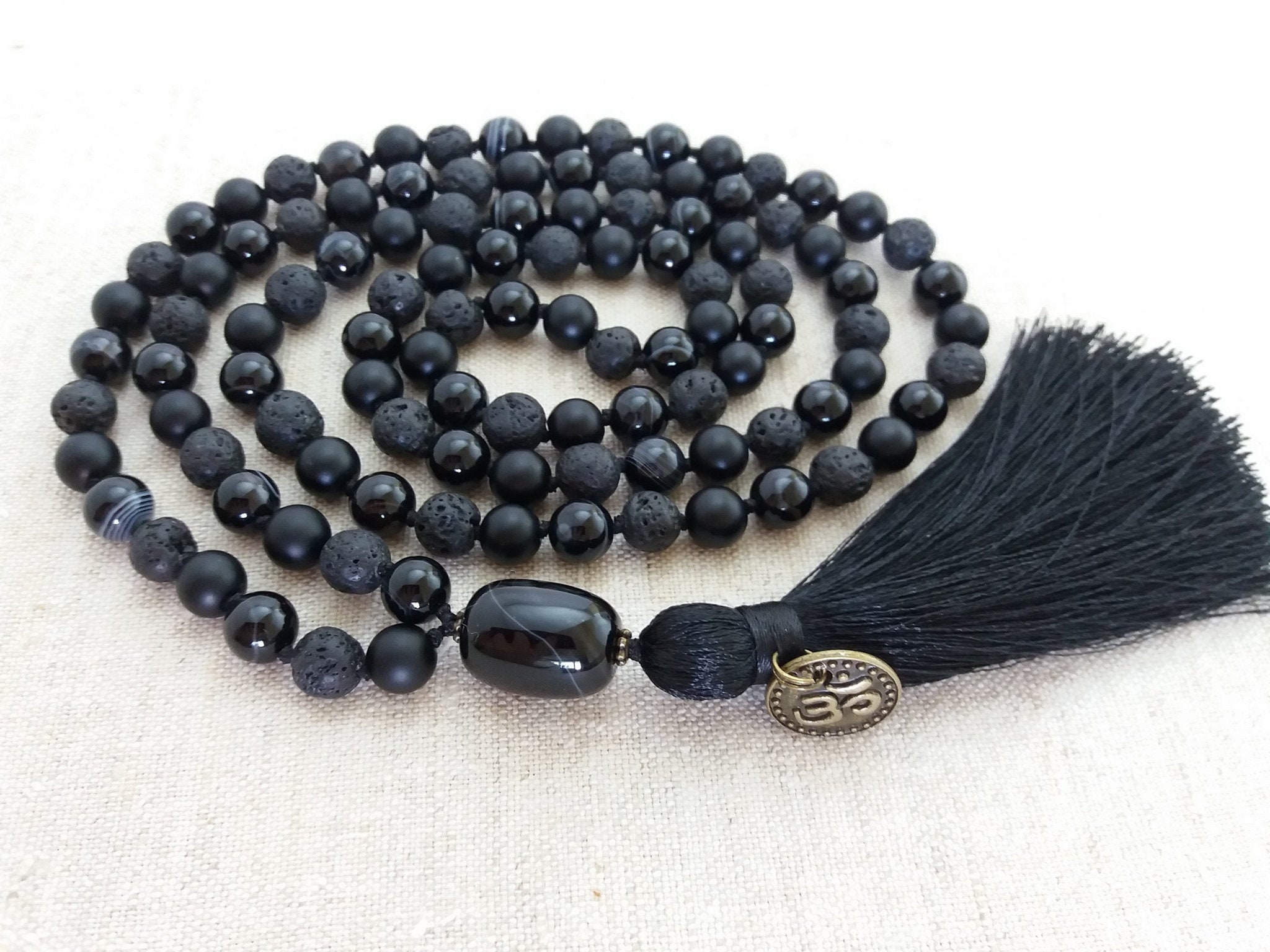Black mala beads necklace Knotted mala 108 Prayer beads Etsy