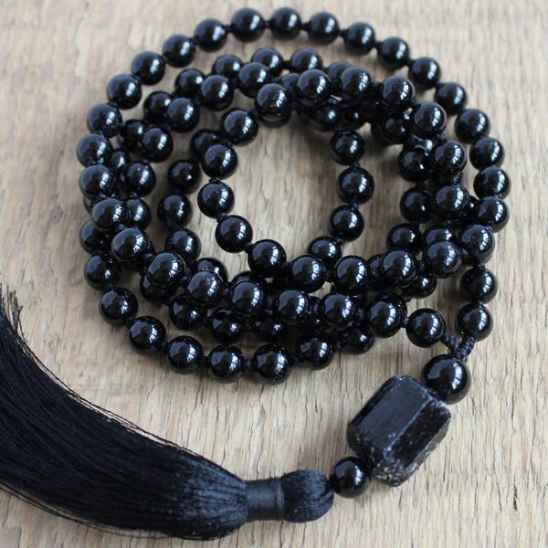 Black Tourmaline mala beads necklace Buddhist prayer beads Hand knotted mala 108