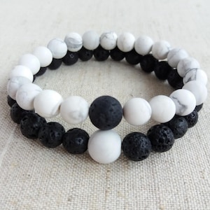 Long distance bracelet Couples bracelet set of 2 Black and white bracelet beaded