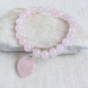 Madagascar rose quarts bracelet real Pink heart bracelet Heart chakra bracelet Bracelet with heart charm