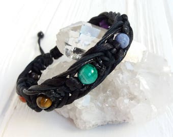 7 chakra bracelet men Black leather cord Buddhist jewelry Yoga gift Healing bracelet 8mm beads