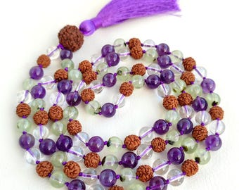 Mala de prehnita, collar de mala de amatista, mala de cuarzo transparente, mala de rudraksha, cuentas de oración budistas, cuentas de mala de 108 nudos.