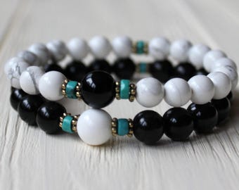 Black and white beads bracelet Couples bracelet set Long distance bracelet Best friend bracelet for 2