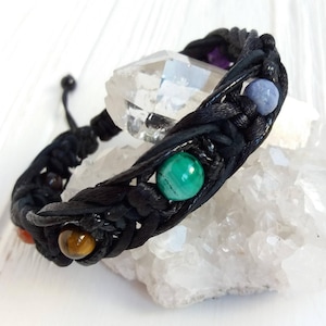 7 chakra bracelet men Black leather cord Buddhist jewelry Yoga gift Healing bracelet 8mm beads