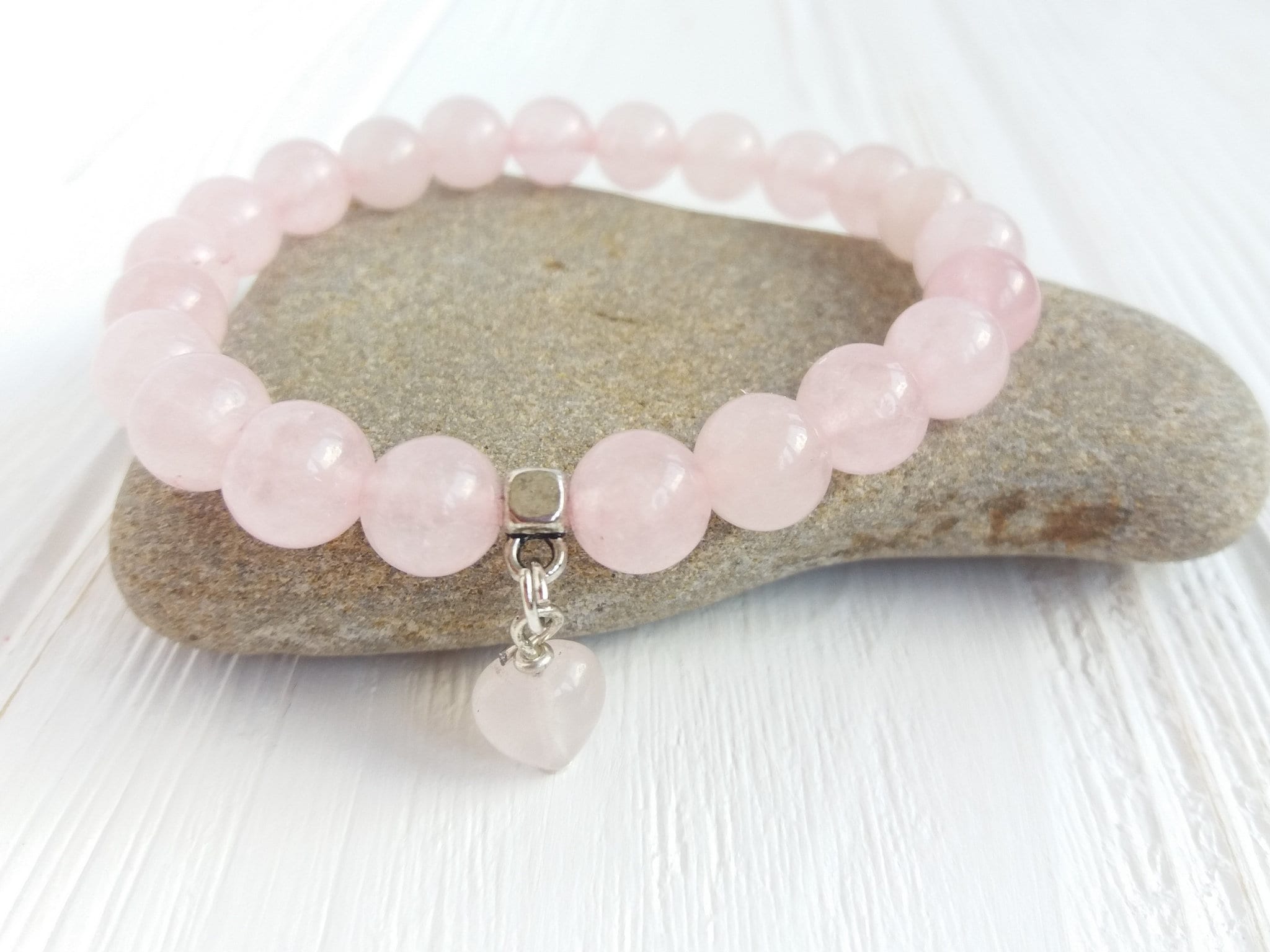 Rose Quartz Bracelet With Charm Stone Heart Charm Bracelet Etsy