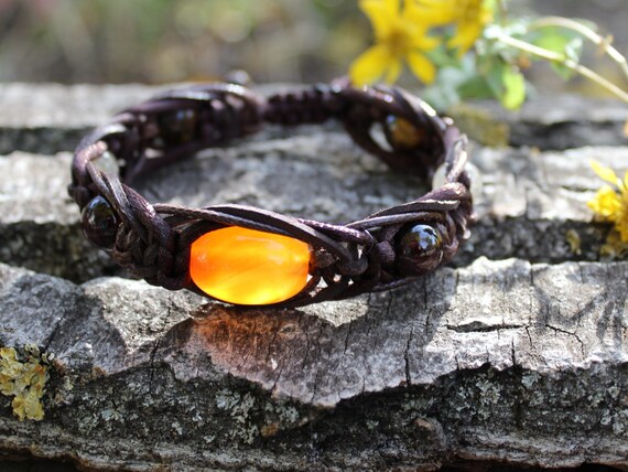 Mens Carnelian Bracelet Braid Leather Bracelet Garnet Quartz