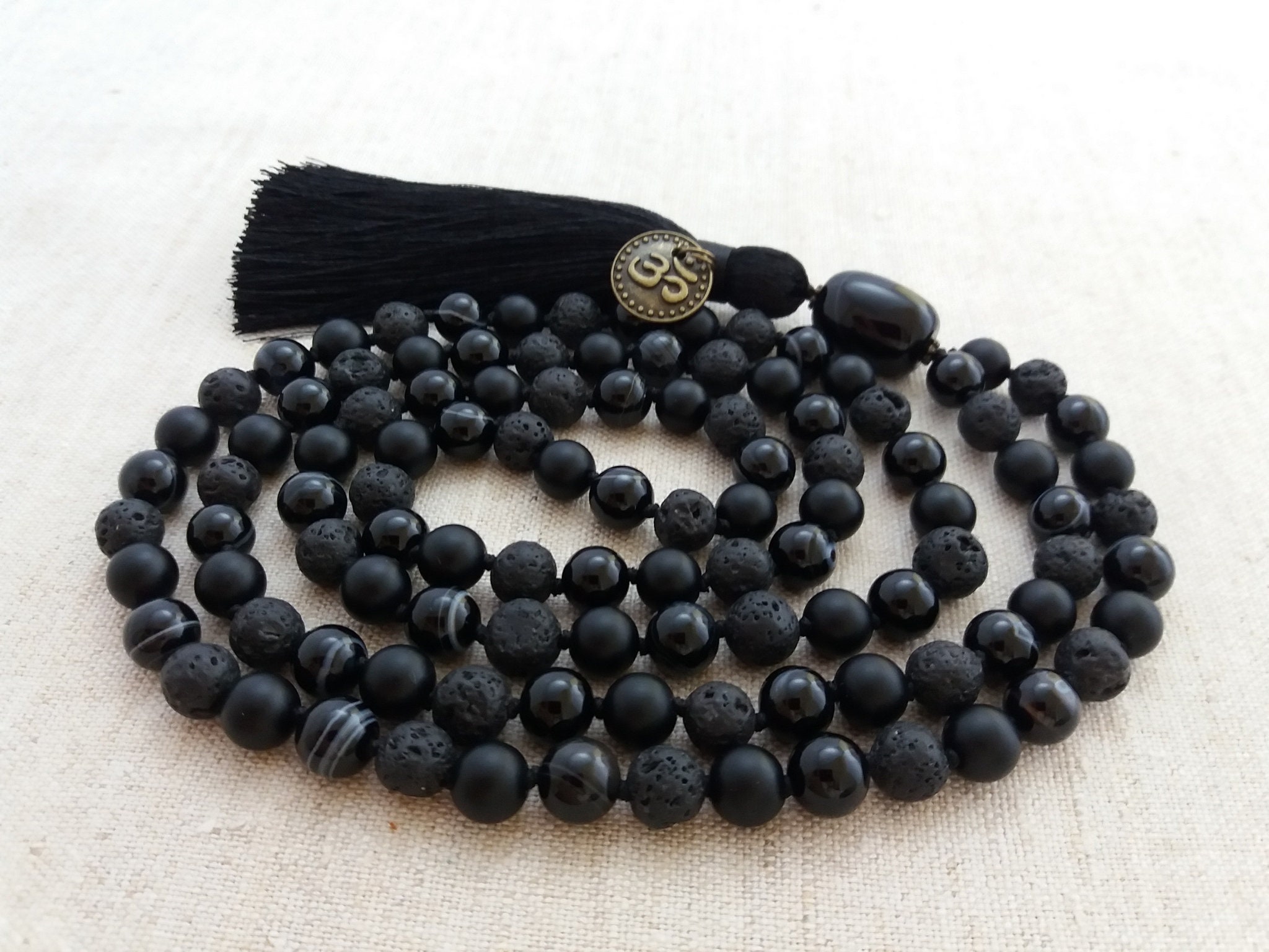 Black mala beads necklace Knotted mala 108 Prayer beads Etsy