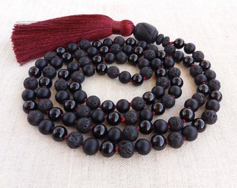 Black mala beads 108 Hand knotted necklace Buddhist prayer beads