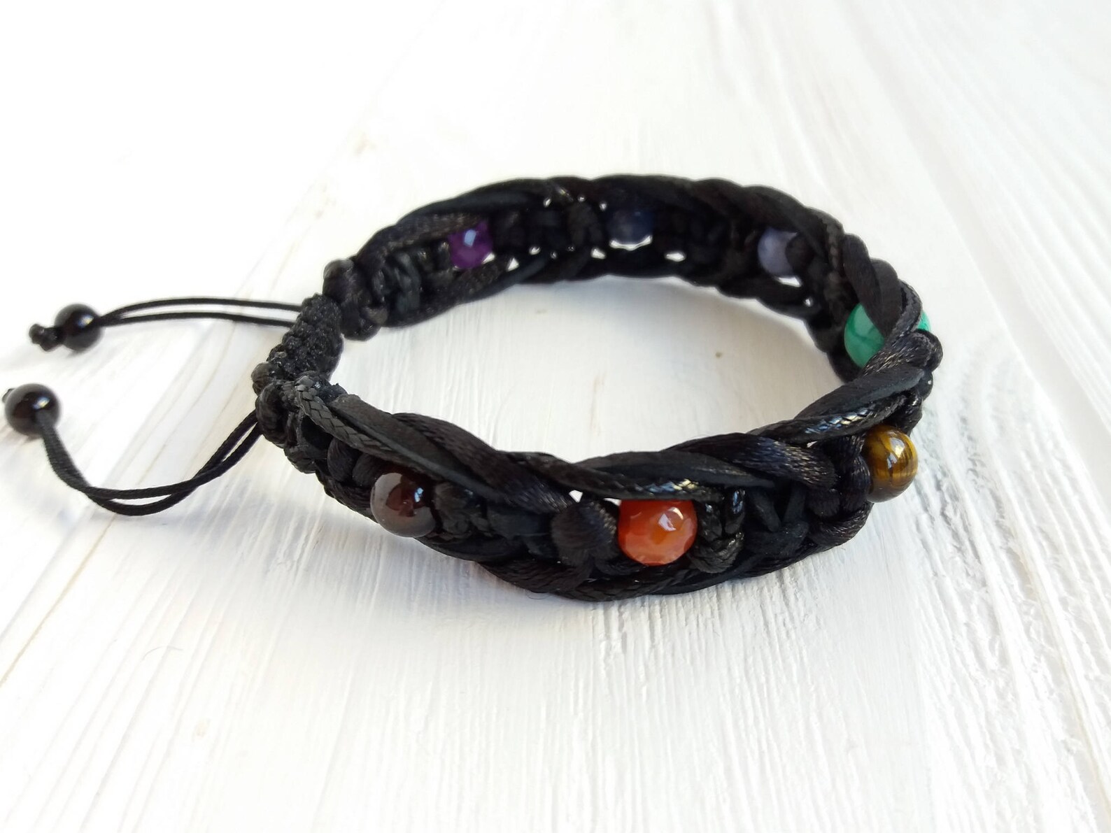7 chakra bracelet men Black leather cord Buddhist jewelry Yoga Etsy