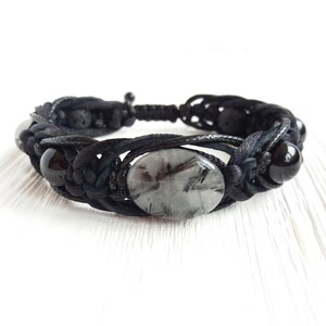 Zwarte toermalijn armband heren Edelsteen en leren koordarmband Beschermingssieraden 10 mm edelstenen kralen cadeau