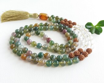 Moss agate mala necklace Clear quartz mala beads Mala beads 108 8mm Hand knotted mala