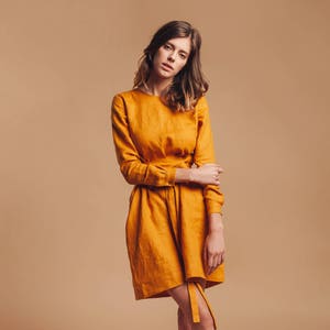 Linen dress women, dress fall long sleeve, dress for wedding, mustard yellow dress short, dress for photoshoot, dress for wedding guest image 2