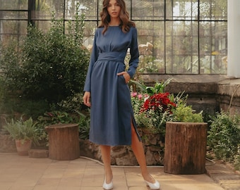 Cocktail midi dress for women, modest wedding guest dress, blue formal evening wrap dress long, blue long silky bridesmaid dress