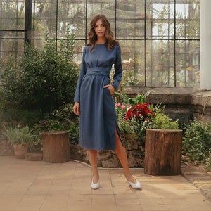 Cocktail midi dress for women, modest wedding guest dress, blue formal evening wrap dress long, blue long silky bridesmaid dress