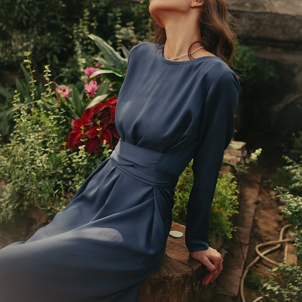 Robe pour femme invitée à un mariage, robe de cocktail bleue pour femme, robes de soirée formelles bleues, robe d'automne pour femme, robe pour femme formelle