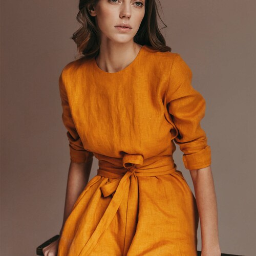 Linen dress short, linen bridesmaid dress, linen wrap dress mini, mustard yellow linen dress with pockets, modest dress, wedding guest dress