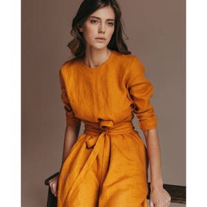 Linen dress women, dress fall long sleeve, dress for wedding, mustard yellow dress short, dress for photoshoot, dress for wedding guest image 1