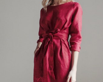 Linen dress, burgundy linen bridesmaid dress midi, red tie belt linen dress with pockets, linen dresses for women, dress with long sleeves