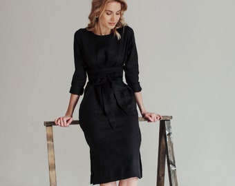 Elegant black midi dress with pockets, black linen wrap dress for woman, modest dress, formal cocktail black linen midi dress, wrap dress