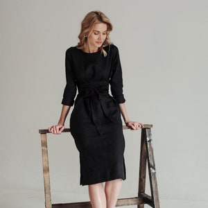 Elegant black midi dress with pockets, black linen wrap dress for woman, modest dress, formal cocktail black linen midi dress, wrap dress image 1