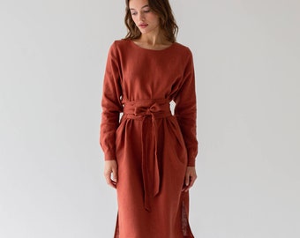 Burnt orange dress, linen dress midi, linen bridesmaid dress, formal linen long dress women, wrap linen dress, linen dresses for women, boho