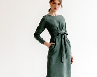 Linen dress for women, linen bridesmaid dress with pockets, linen wrap dress long, sage green linen dress midi, linen dress for a wedding