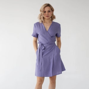 Wrap dress for women, linen dress, linen dress with pockets, linen bridesmaid dress, wrap dress mini linen, lavender linen dress women