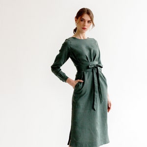 Linen dress midi, linen bridesmaid dress, linen wrap dress, linen dresses for women, modest dresses for women, sage green linen dress image 1