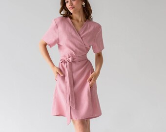 Wrap linen dress with pockets, linen dress for woman, pink dress women, women's linen dresses, casual wrap dress, linen dress mini