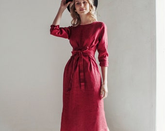 Linen wrap dress, linen dress for woman fall, cocktail dress, long burgundy dress, formal dress, womens dresses fall, red dress woman