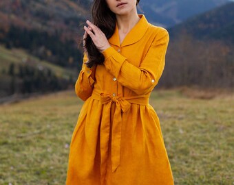 Mustard yellow linen dress with pockets, linen dress for women, romantic boho minimalist dress, modest linen bridesmaid dress for woman