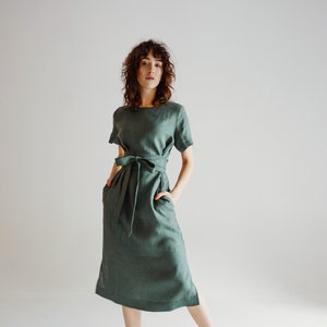 Long Linen Dress, Forest Green Dress, Womens Petite Dresses, Green Linen Wrap Dress, Flax Clothing, Casual Office Dress, Natural Soft Linen