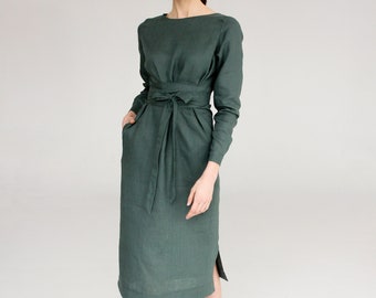 Sage green linen dress midi, linen bridesmaid dress, linen wrap dress, linen tie belt dress, modest dress for women, READY TO SHIP