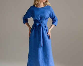 Robe en lin élégante, robe longue en lin bleue, robe longue à manches longues, robe midi bleue, robe modeste avec poches, robe pour mère de mariée