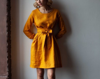 Linen dress, bridesmaid dress, linen dresses for women, linen womens clothing, linen wrap dress, yellow dress long sleeve, elegant dress