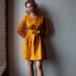 Linen dress, bridesmaid dress, linen dresses for women, linen womens clothing, linen wrap dress, yellow dress long sleeve, elegant dress image 1