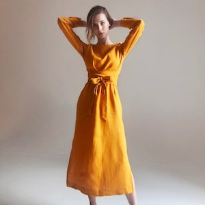 Saffron Yellow Maxi Dress, Linen Dress with Obi Belt, Summer Cocktail Dress, Belted Dress, Contemporary Dress, Comfortable Flax Clothing