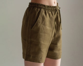 Casual linen shorts, elastic waist shorts, womens linen shorts, high waisted shorts, khaki green shorts, linen shorts women, loose shorts
