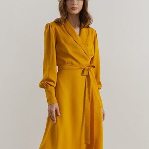 Mustard Yellow Wrap Dress, Formal Evening Long Sleeve Dress, Cocktail ...