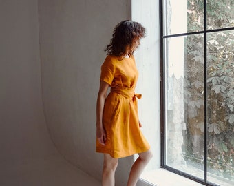 Linen dress, bridesmaid dress, linen dresses for women, linen womens clothing, linen wrap dress, yellow dress long sleeve, elegant dress