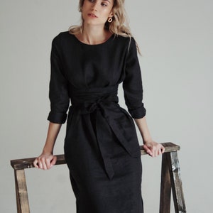 Elegant black midi dress with pockets, black linen wrap dress for woman, modest dress, formal cocktail black linen midi dress, wrap dress image 2