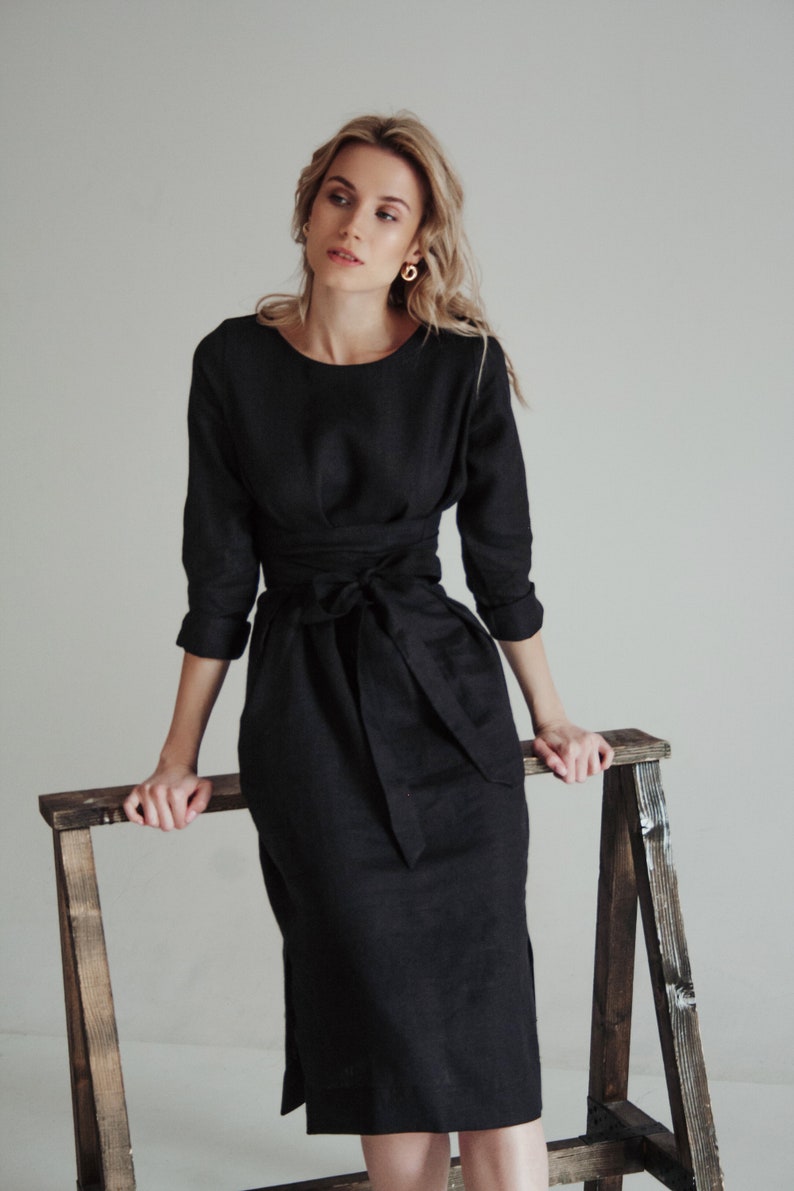 Elegant black midi dress with pockets, black linen wrap dress for woman, modest dress, formal cocktail black linen midi dress, wrap dress image 2