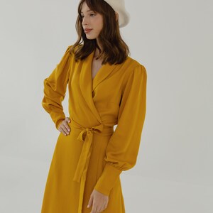 Mustard Yellow Wrap Dress, Formal Evening Long Sleeve Dress, Cocktail ...
